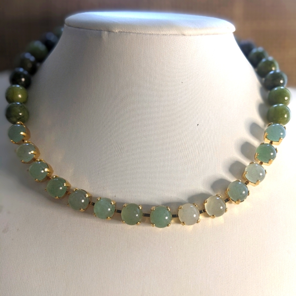 Natural Genuine Green Jade Necklace in 14K Yellow Gold Plated